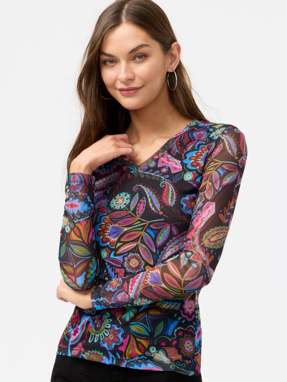 Johnny Was Dark Silvana Mesh Paisley V-Neck Long Sleeve Tee Blouse XS NWT